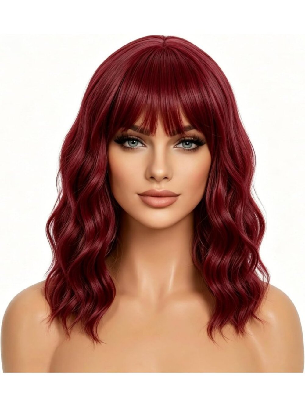 Wine Red Short Wavy Bob Wig with Bangs - Heat Resistant Synthetic Hair